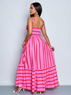 Women's Blue And White Stripe Flowing Maxi Dress,Summer Elegant Holiday Tea Party Holiday,Shoulder Straps Chest Gathering,Beach Casual Gown