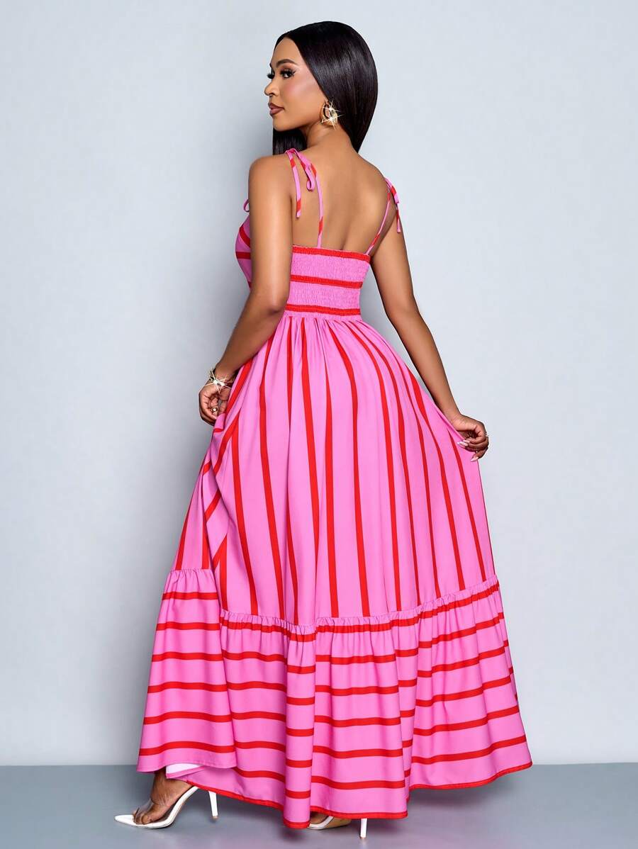 Women's Blue And White Stripe Flowing Maxi Dress,Summer Elegant Holiday Tea Party Holiday,Shoulder Straps Chest Gathering,Beach Casual Gown