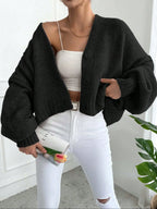 Women's V Neck Lantern Sleeve Sweater, Casual Baggy Loose-Fit Knitted Cardigan, Fall & Winter Fashion, Plain Color, One Button Design, Knitwear, Long Sleeve Tops
