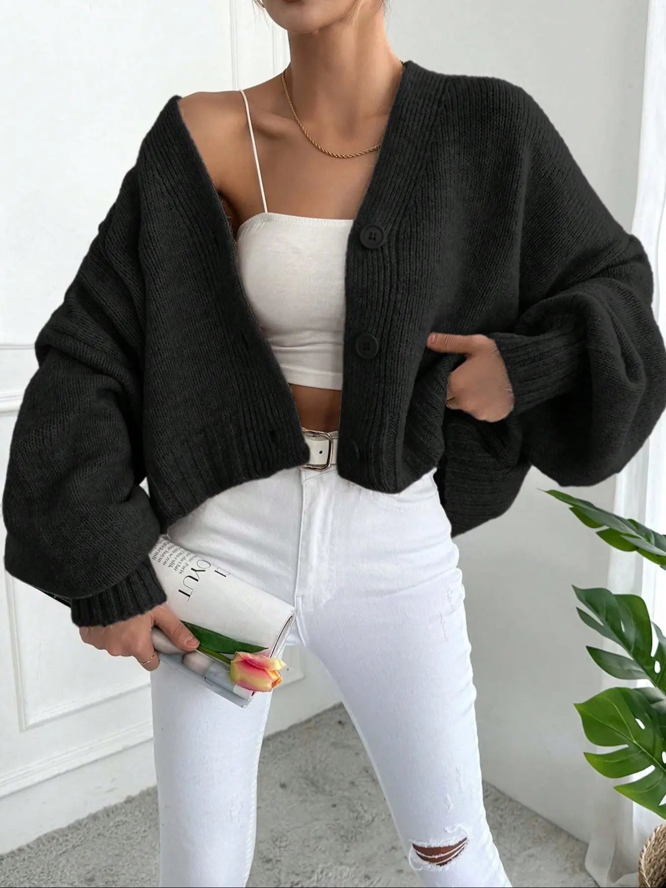Women's V Neck Lantern Sleeve Sweater, Casual Baggy Loose-Fit Knitted Cardigan, Fall & Winter Fashion, Plain Color, One Button Design, Knitwear, Long Sleeve Tops