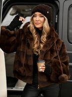 Women Hooded Drawstring Plush Ball Casual Coat