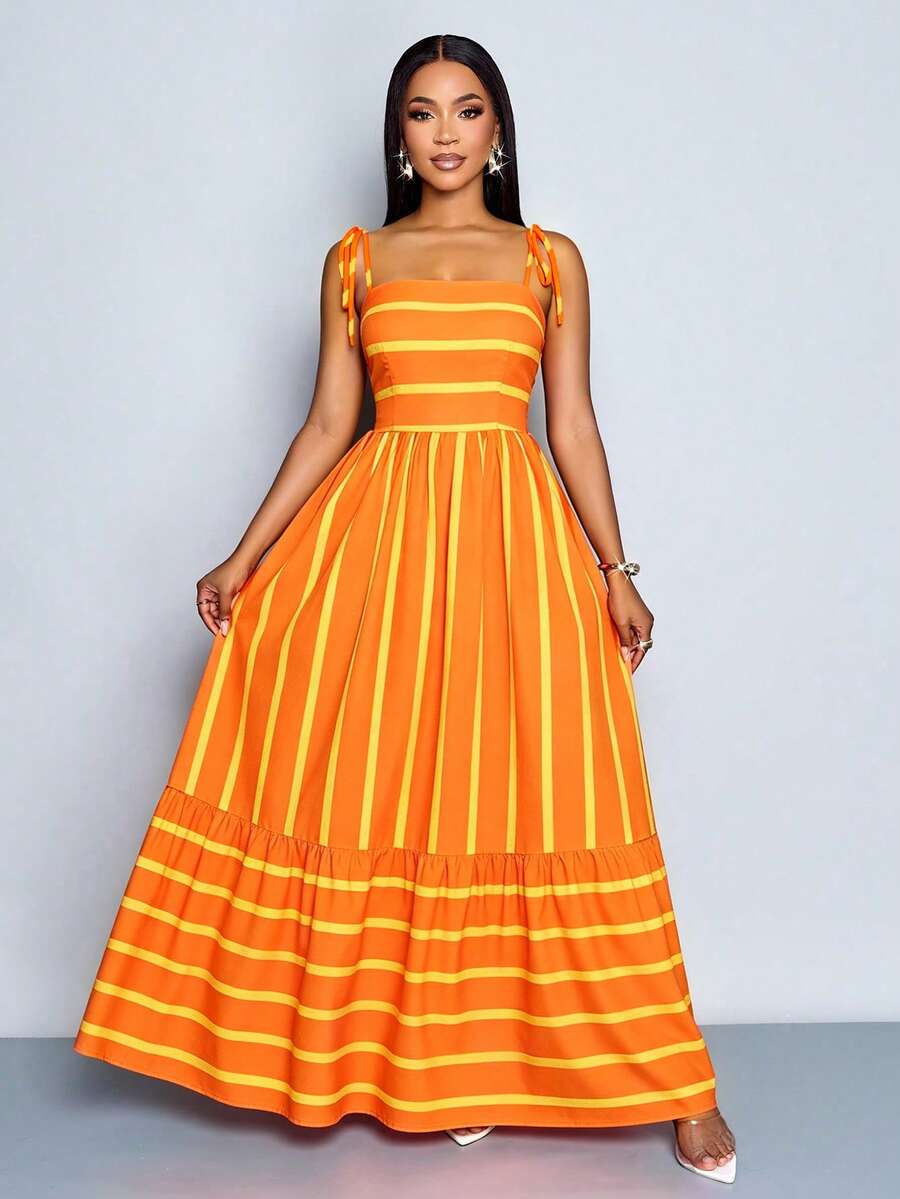 Women's Blue And White Stripe Flowing Maxi Dress,Summer Elegant Holiday Tea Party Holiday,Shoulder Straps Chest Gathering,Beach Casual Gown