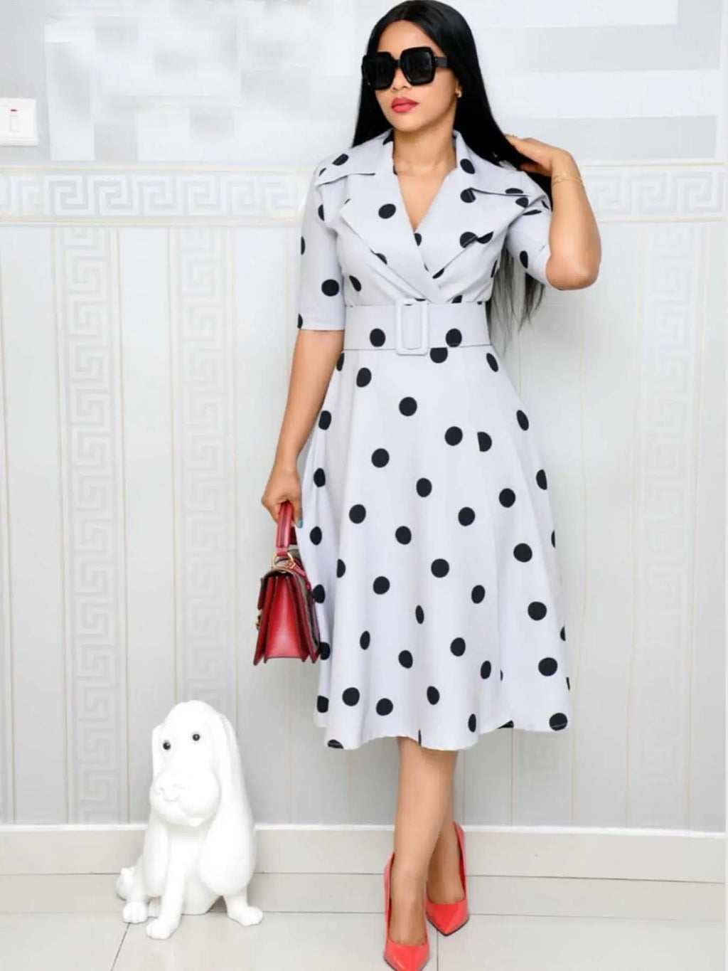Elegant Chic Women's Midi Dress with Belt, Polka Dot Pattern, Short Sleeve