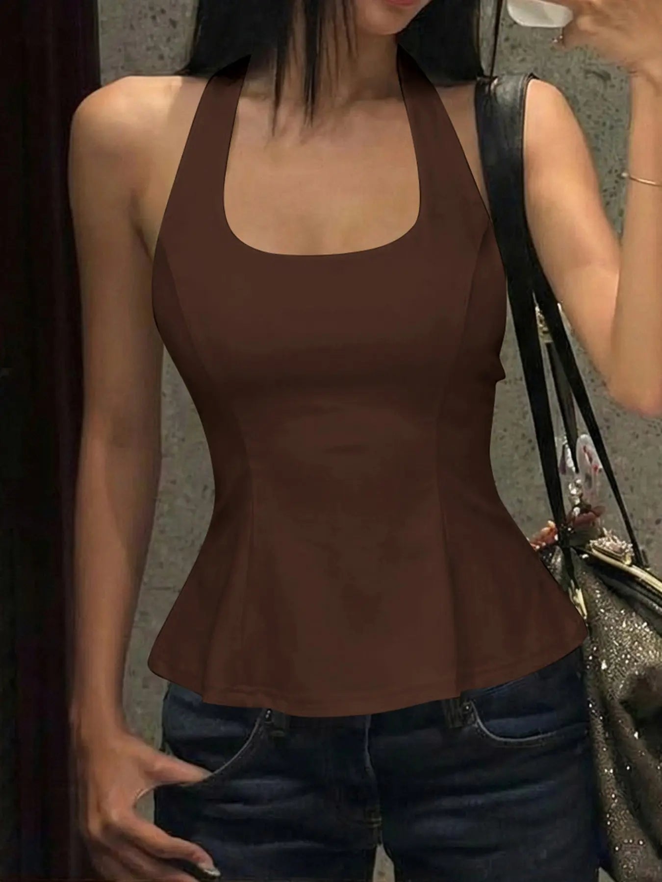 Women's Solid Color Ruffled Hem Tie-back Halter Tank Top, U Neck Tie-neck Lace-up Sleeveless Backless Plain Fit & Flare Cami Camisole Top, Party Club Date Holiday Daily Casual Sweet Crop Tops For Ladies Summer Fashion Clothes Wear