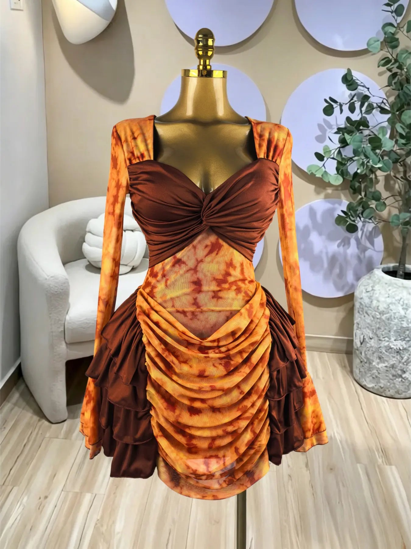 Elegant Women's Tie Dye Print Mini Dress,Layered Ruffle Bell Sleeve Bodycon V Neck Prom Dress, Vacation Beach Holiday Party Outfit Dress,Lady Casual Skirt,Female Brunch Dresses,Evening Birthday Cocktail Gown