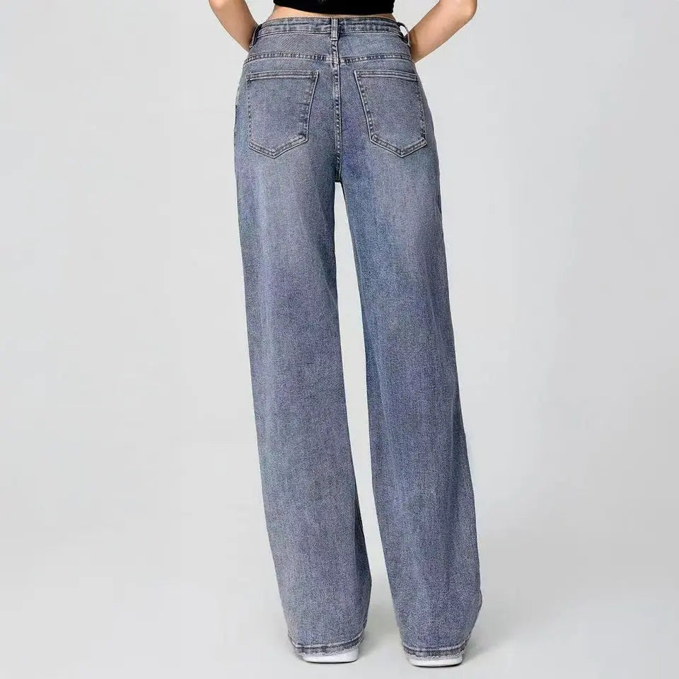 Women's Street Chic High Waist Multi-Pocket Baggy Denim Wide Leg Jeans, Versatile Streetwear Outfits, Asymmetric Waist Denim Trousers