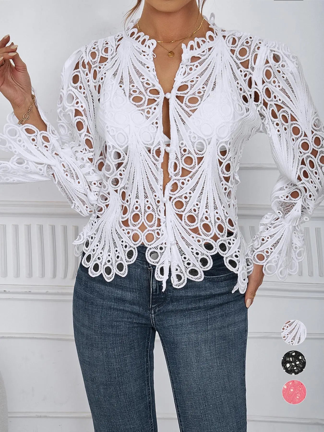 2026 Spring Summer New Women's Blouse, Sexy Asymmetrical Hollow Out Bell Sleeve, Breathable Lightweight Fabric Nightclub Top, Casual Fitted Long Sleeve Shirt, Button Blouse Shirts