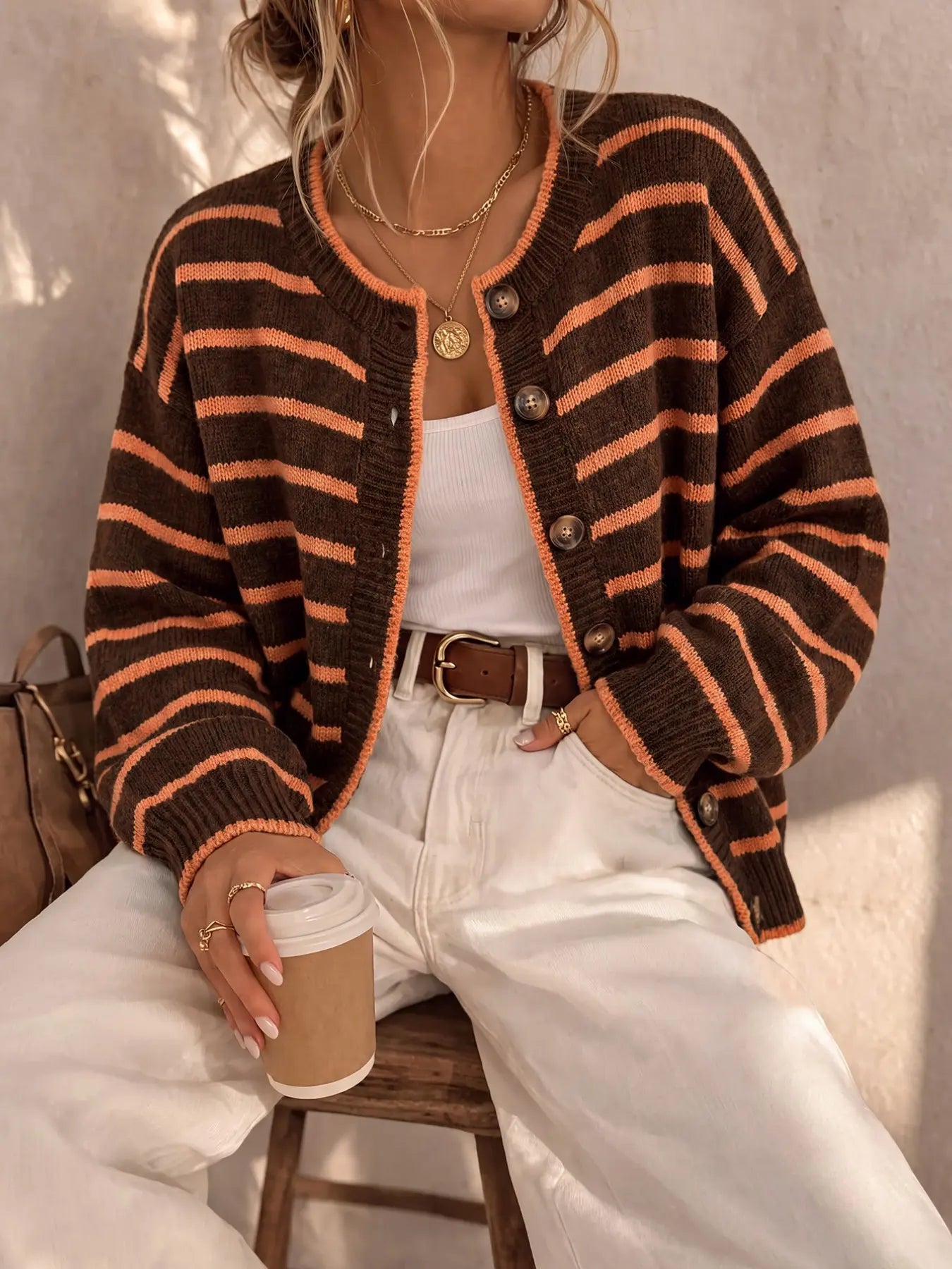 Women's Round Neck Drop Shoulder Single-Breasted Contrast Stripe Long Sleeve Fall/Winter Casual Fashion Loose Versatile Knit Cardigan – Urban Commute, Retro Street Sweater Wear