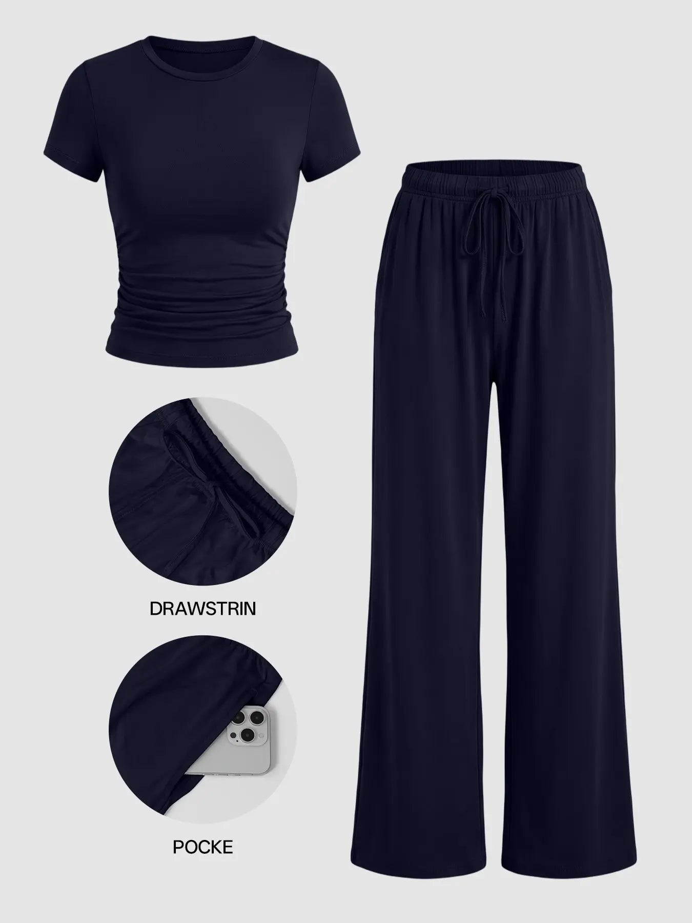 Ladies Autumn Casual Home Lounge Set, High Stretch Soft Fabric, Crew Neck, Wide Leg Tracksuit Pants, 2-Piece, Comfortable & Flattering