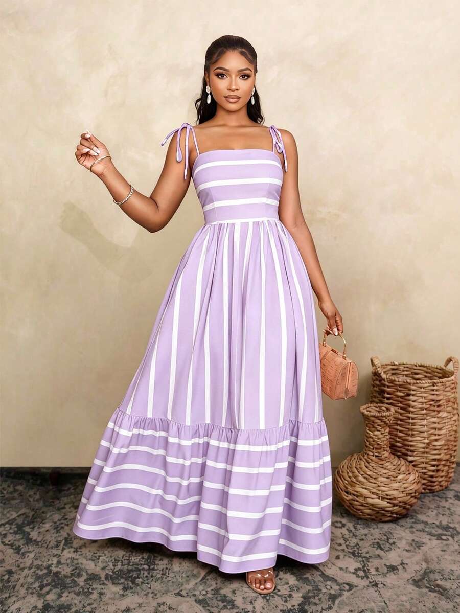 Women's Blue And White Stripe Flowing Maxi Dress,Summer Elegant Holiday Tea Party Holiday,Shoulder Straps Chest Gathering,Beach Casual Gown