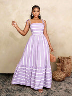 Women's Blue And White Stripe Flowing Maxi Dress,Summer Elegant Holiday Tea Party Holiday,Shoulder Straps Chest Gathering,Beach Casual Gown