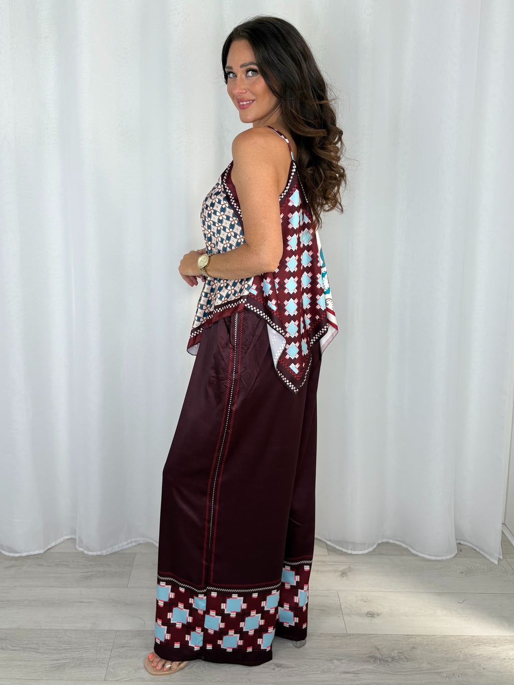 Silky Print Handkerchief Top And Trouser Co-Ord ( 4 Colours)