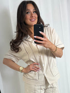 Beige Laser Cut V-Neck Button Up Shorts Co-Ord