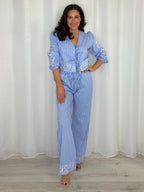 Blue Pinstripe Embroidered Tie Up Top And Trouser Co-Ord
