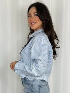 Blue & White Pinstripe Frill Trim Laser Cut Detail Collared Shirt