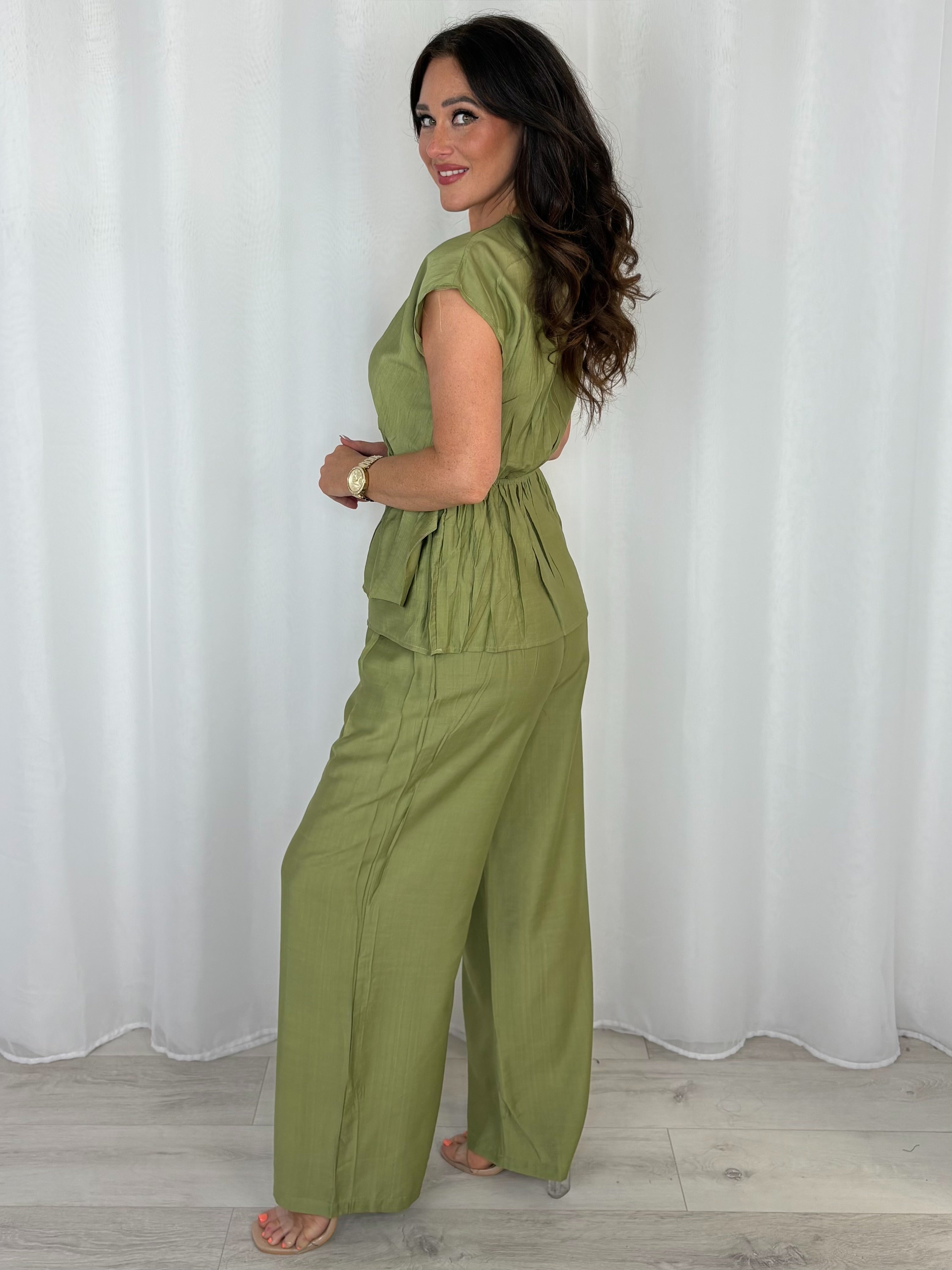Gold Buckle Cap Sleeve Cross Over Top And Trouser Co-Ord (3 Colours)