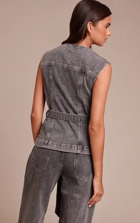 Indigo Round Neck Cinch Belted Denim Top