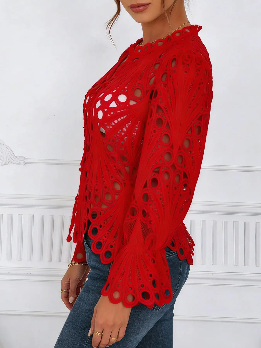 2026 Spring Summer New Women's Blouse, Sexy Asymmetrical Hollow Out Bell Sleeve, Breathable Lightweight Fabric Nightclub Top, Casual Fitted Long Sleeve Shirt, Button Blouse Shirts