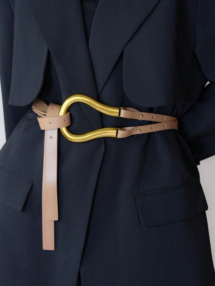 Women's Versatile Wide Waist Belt With Large Horseshoe Buckle Decor, Leather Belt For Skirts