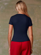 Women's Casual Red Single-Breasted Short Sleeve Fitted Top,Red Top,Christmas, Cute Vacation,Resort Wear,Summer Holiday,Spring,Spring Break,Beach