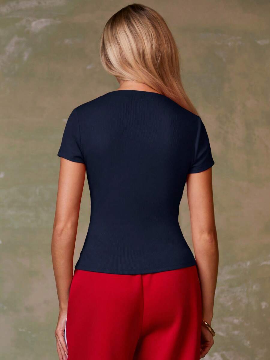 Women's Casual Red Single-Breasted Short Sleeve Fitted Top,Red Top,Christmas, Cute Vacation,Resort Wear,Summer Holiday,Spring,Spring Break,Beach