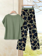 Women's Navy Blue Floral Summer Boho Casual Vacation Holiday 2 Pieces Outfits Plants-Pattern Pants And Round Neck Batwing Sleeve Blouse Woven Set
