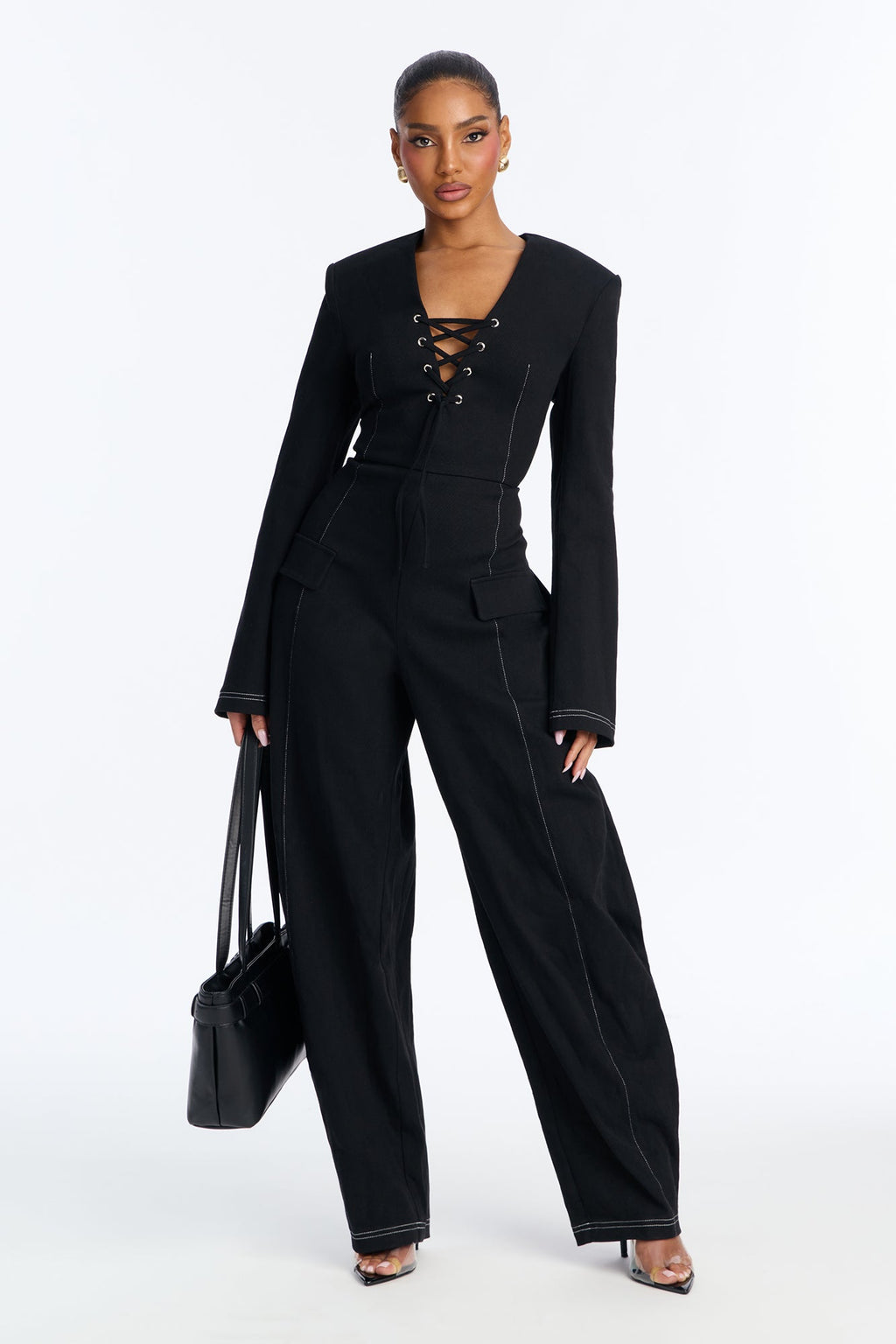 Dasha Twill Lace Up Barrel Jumpsuit - Black