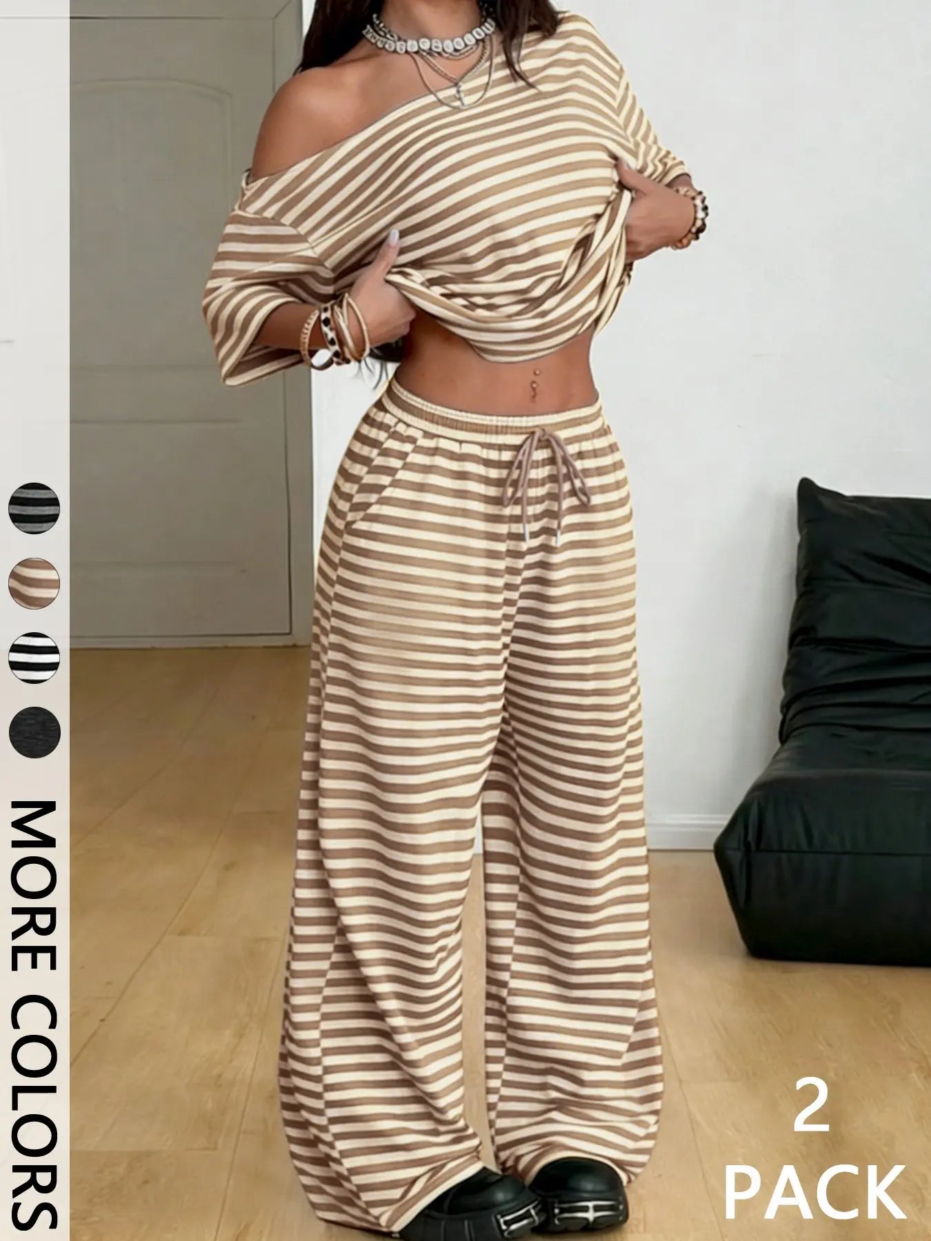 Women's Asymmetrical Neck Relaxed-Fit Striped Knit Top & Pocketed Wide Leg Pants Set, Ideal for Casual Meetups, Weekend Lounging and Travel Days, Two-Piece Outfit, Striped Loungewear Set, Comfy Loungewear Set