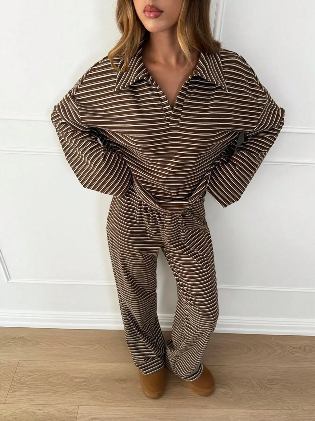 Women's 2pcs Set Loose Striped V-Neck Drop Shoulder Long Sleeve T-Shirt &Elastic Waist Striped Pants, Brown, Casual Sets For Women, Pajamas Set, Loungewear, Casual Sets For Women Brown Two Piece Set Women
