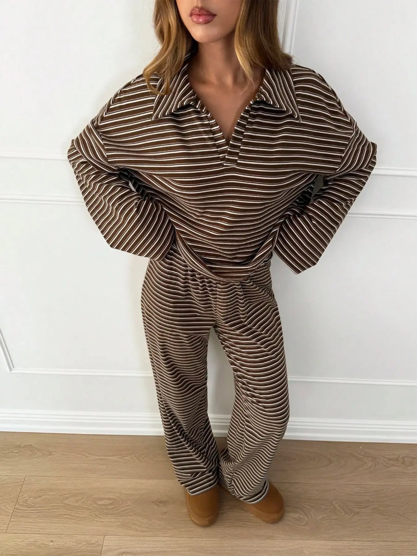 Women's 2pcs Set Loose Striped V-Neck Drop Shoulder Long Sleeve T-Shirt &Elastic Waist Striped Pants, Brown, Casual Sets For Women, Pajamas Set, Loungewear, Casual Sets For Women Brown Two Piece Set Women