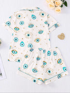Women's All Over Cartoon Eye Print Short Sleeve Two-Piece Set