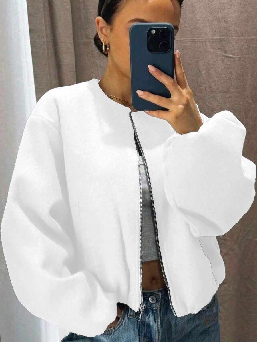 Women's Baseball Jacket Bomber Jacket Street Style Round Neck Drop Shoulder Lantern Sleeve Zip-Up Outerwear, Autumn/Winter Spring