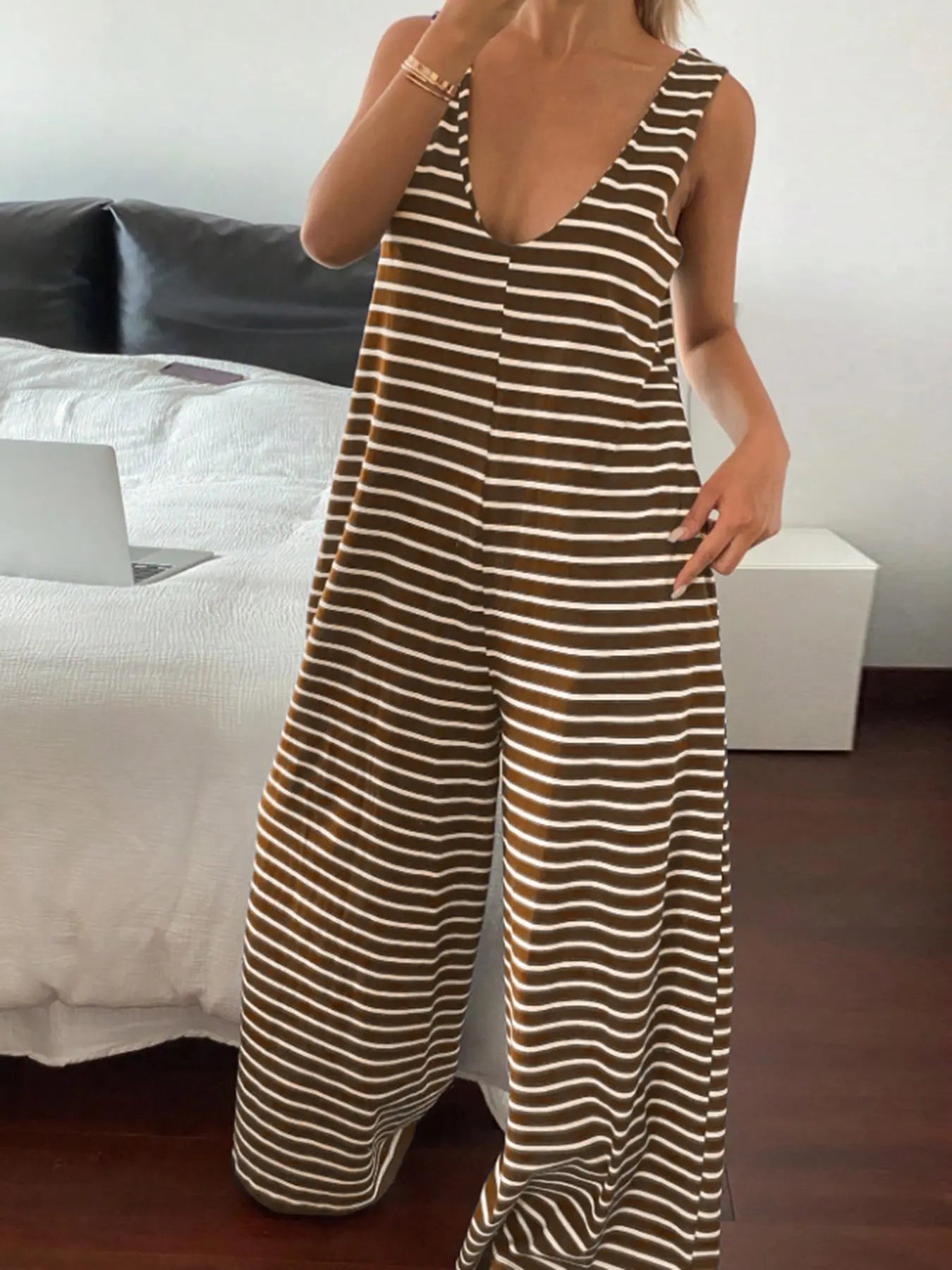 Striped Sleeveless Loose-Fitting Knit Jumpsuit, Casual Overalls, Casual Comfortable One-Piece, Spring & Fall Fashion, Non-Positional Lines Design, Casual Basic Jumpsuit