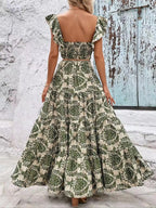 Women's Ethnic Pattern Butterfly-Sleeve Fitted Crop Top & Shirred High Waist A-Line Skirt Set Outfit, Womenswear Summer Boho Bohemian Elegant Square-Neck Top & Ruffle-Hem Long Skirt for Beach Vacations and Holidays Woven Fabric