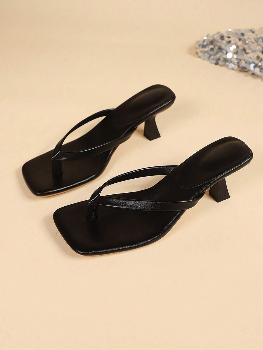Square Toe Wide Foot Thong Sandals With Thin Heel, Versatile Outdoor Wear Thin Heel Thong Flip Flops For Women, Chic & Elegant