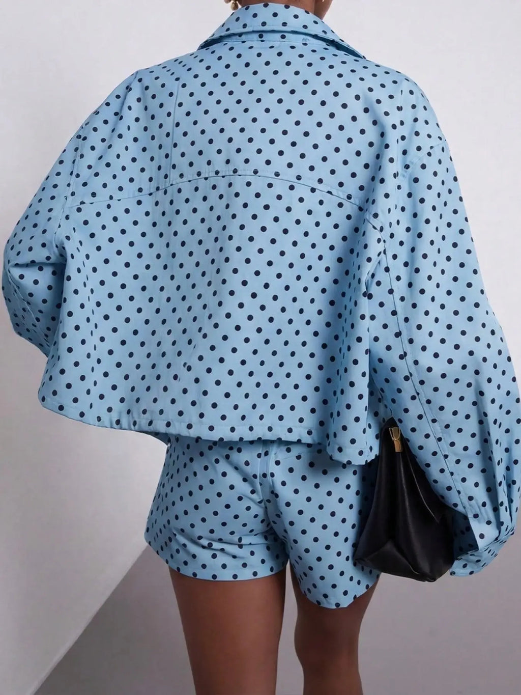 Women's Spring/Fall European Style Two-Piece Button Front Suit, Stand Collar Vintage Polka Dot Long Sleeve Blazer & Shorts, Pilot Look Outerwear Short Suits Top