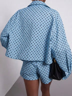 Women's Spring/Fall European Style Two-Piece Button Front Suit, Stand Collar Vintage Polka Dot Long Sleeve Blazer & Shorts, Pilot Look Outerwear Short Suits Top