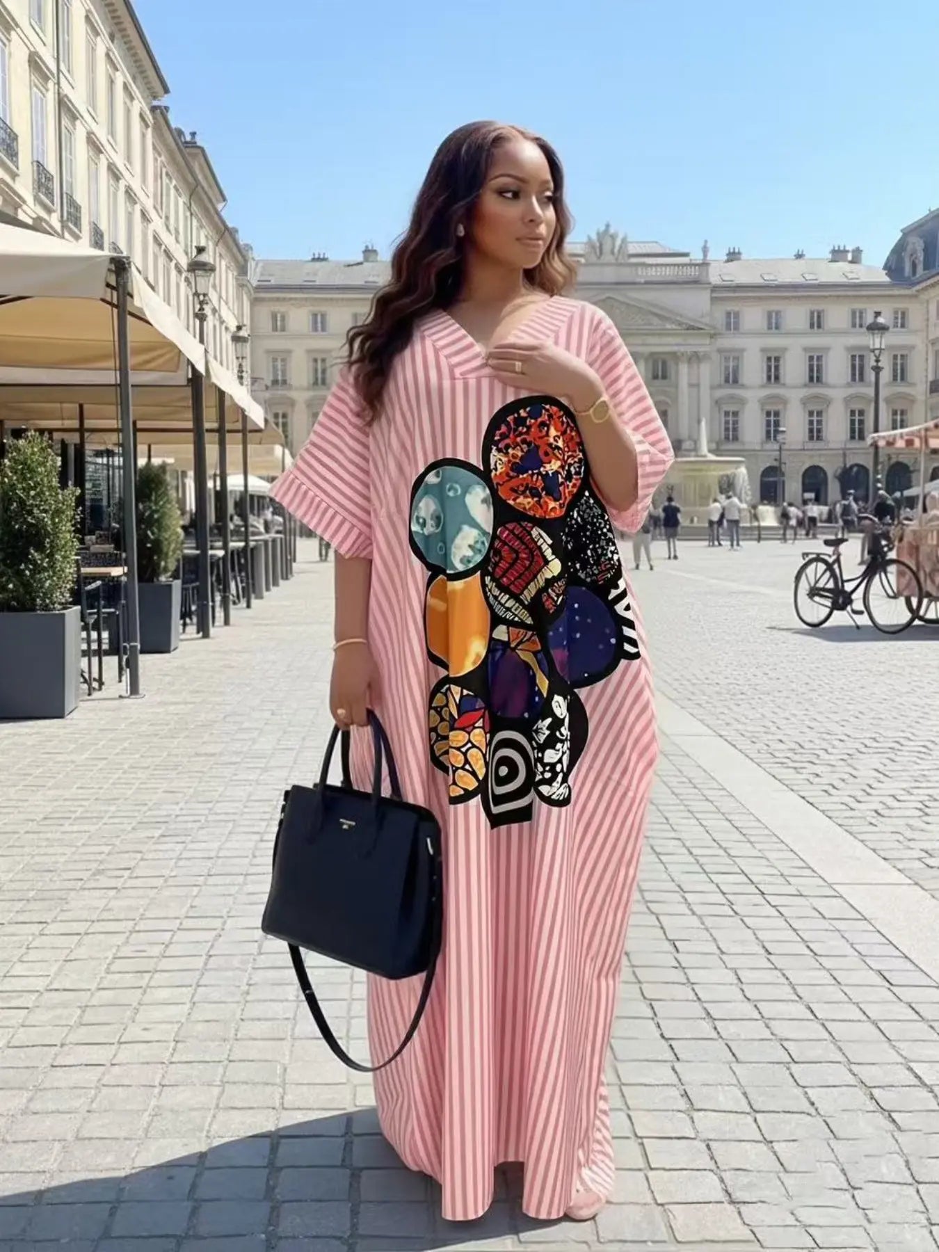 New Fashion Chic Loose Fit Casual Daily Everyday Shopping Dress, Blue Striped and Geometric Print V-Neck Short Sleeve Dress, Women's Summer Dress with Pockets, Boho Casual Dress