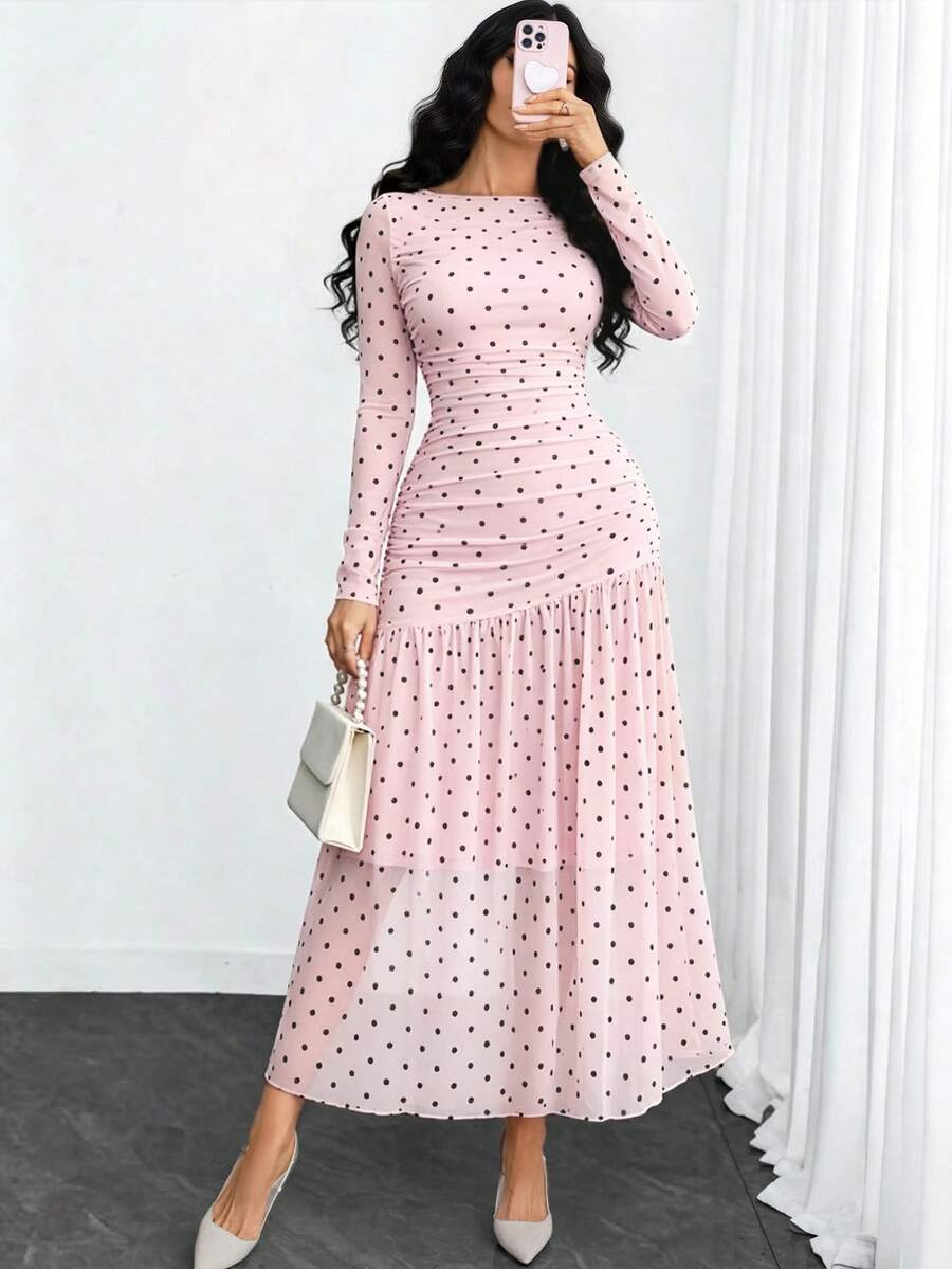 Women's Gothic Sexy Elegant Modern Contrast Stripe Asymmetrical Ruffle Waist Double-Layer Mesh Long Sleeve Dress, Suitable For Dates, Vacations And Daily Commute Spring