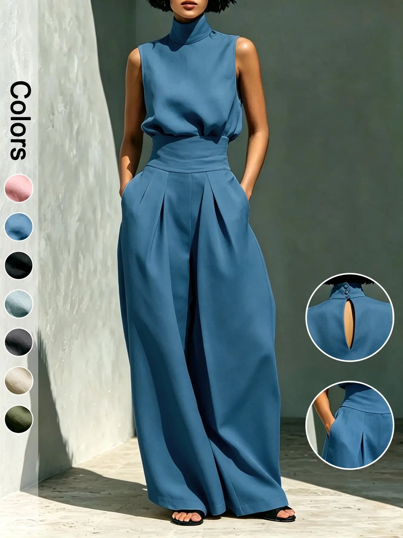 Women's High-Neck Sleeveless Top and High-Waist Wide-Leg Pants Two-Piece Set, Elegant Chic Formal Outfit for Fashionable Ladies, Clothes