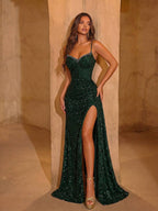 Elegant Sequin Spaghetti Strap Rhinestone Patchwork Fishbone High Waist High Slit Tie Back Open Back Evening Dress Fall