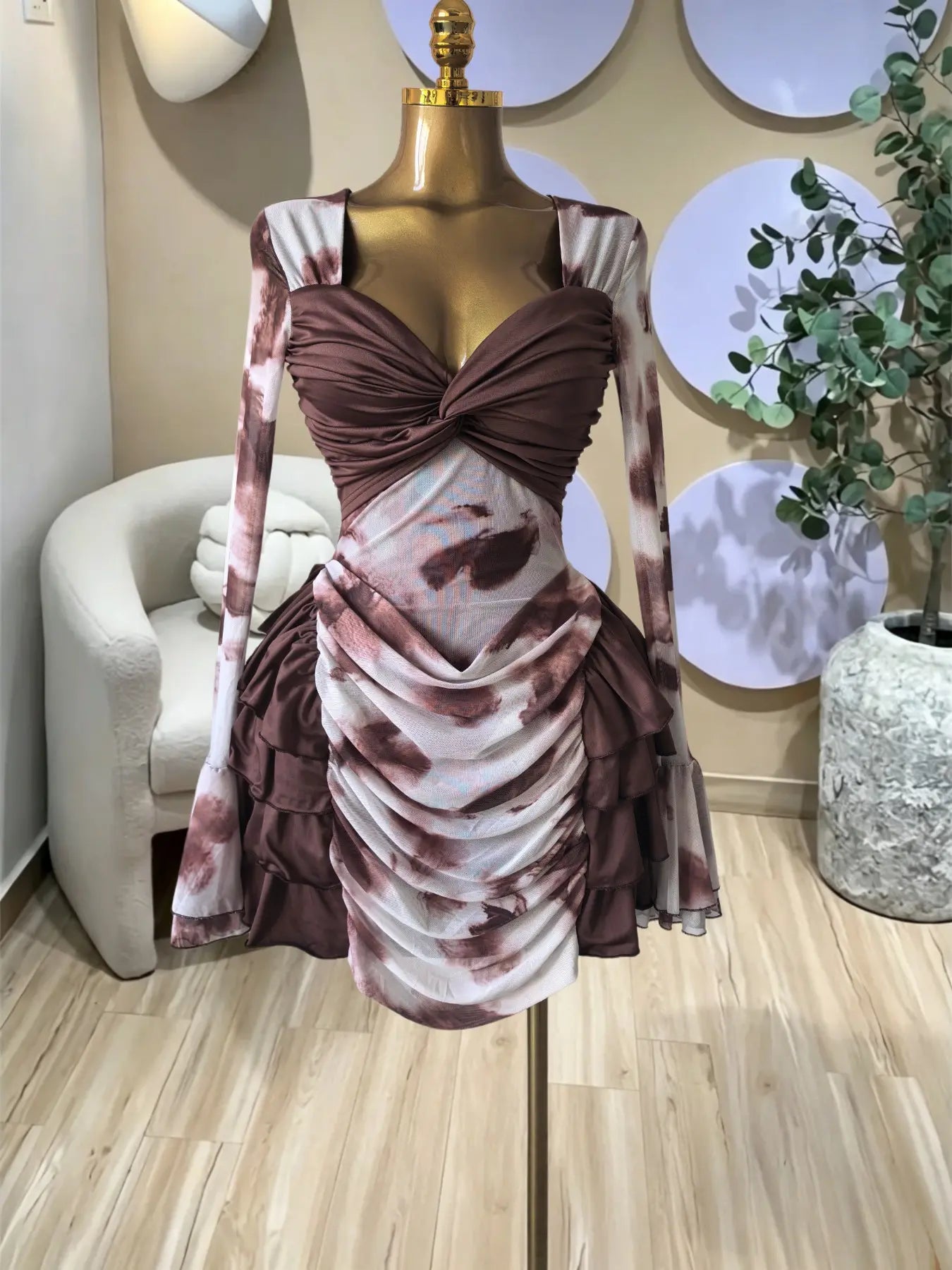 Elegant Women's Tie Dye Print Mini Dress,Layered Ruffle Bell Sleeve Bodycon V Neck Prom Dress, Vacation Beach Holiday Party Outfit Dress,Lady Casual Skirt,Female Brunch Dresses,Evening Birthday Cocktail Gown