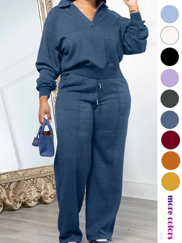 Women's Sets 2 Piece Outfit Long Sleeve Lapel V Neck Sweatshirt and Drawstring Wide Leg Pants Sweatsuits