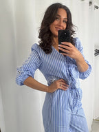 Blue Pinstripe Embroidered Tie Up Top And Trouser Co-Ord