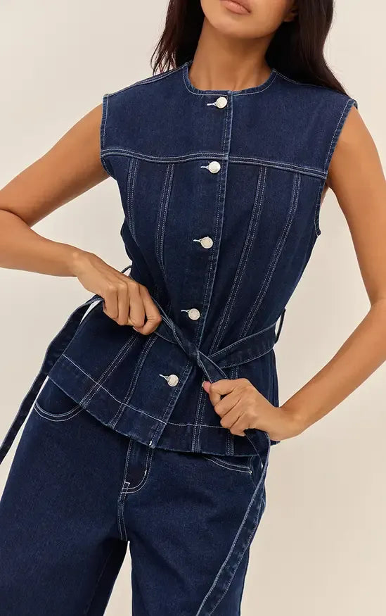 Indigo Round Neck Cinch Belted Denim Top