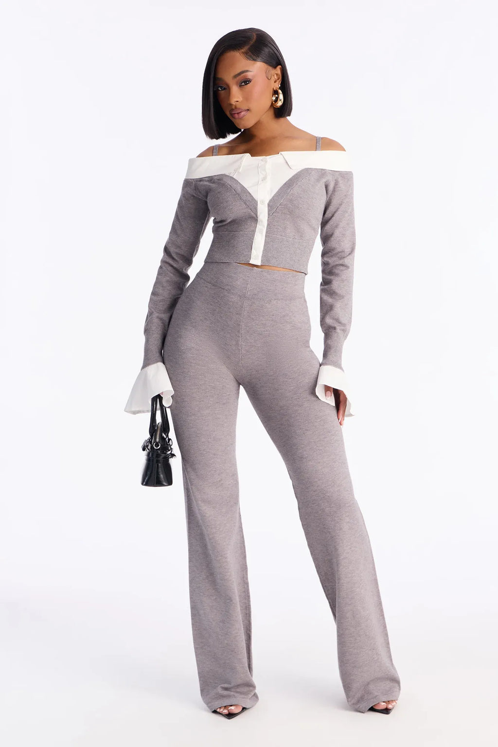 Katherine Sweater Off Shoulder Pant Set - Grey