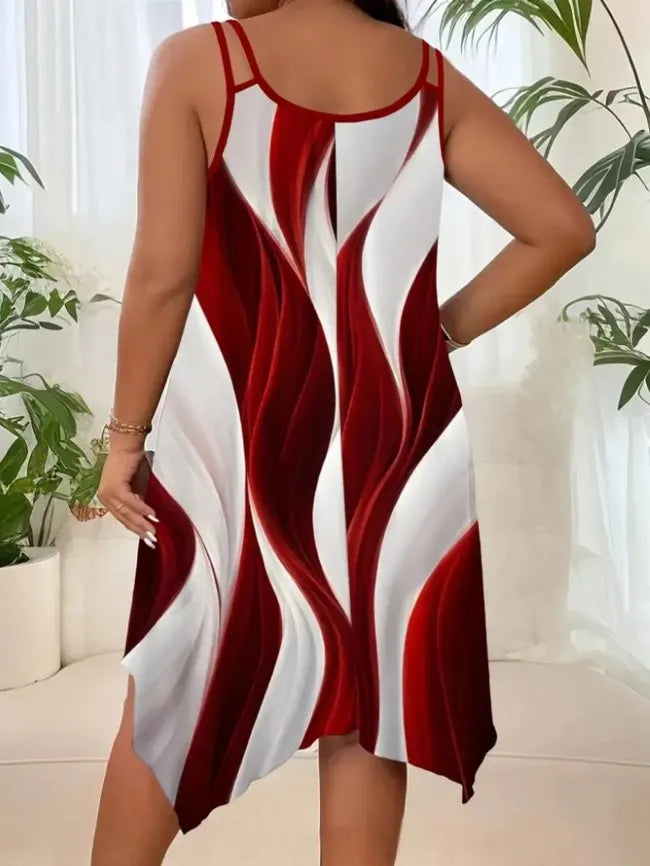 Women's Elegant Asymmetric Hem Double Strap Dress, Round Neck, Random Print Design, Summer Casual Party Wear, Fitted Style, Chic