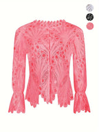 2026 Spring Summer New Women's Blouse, Sexy Asymmetrical Hollow Out Bell Sleeve, Breathable Lightweight Fabric Nightclub Top, Casual Fitted Long Sleeve Shirt, Button Blouse Shirts