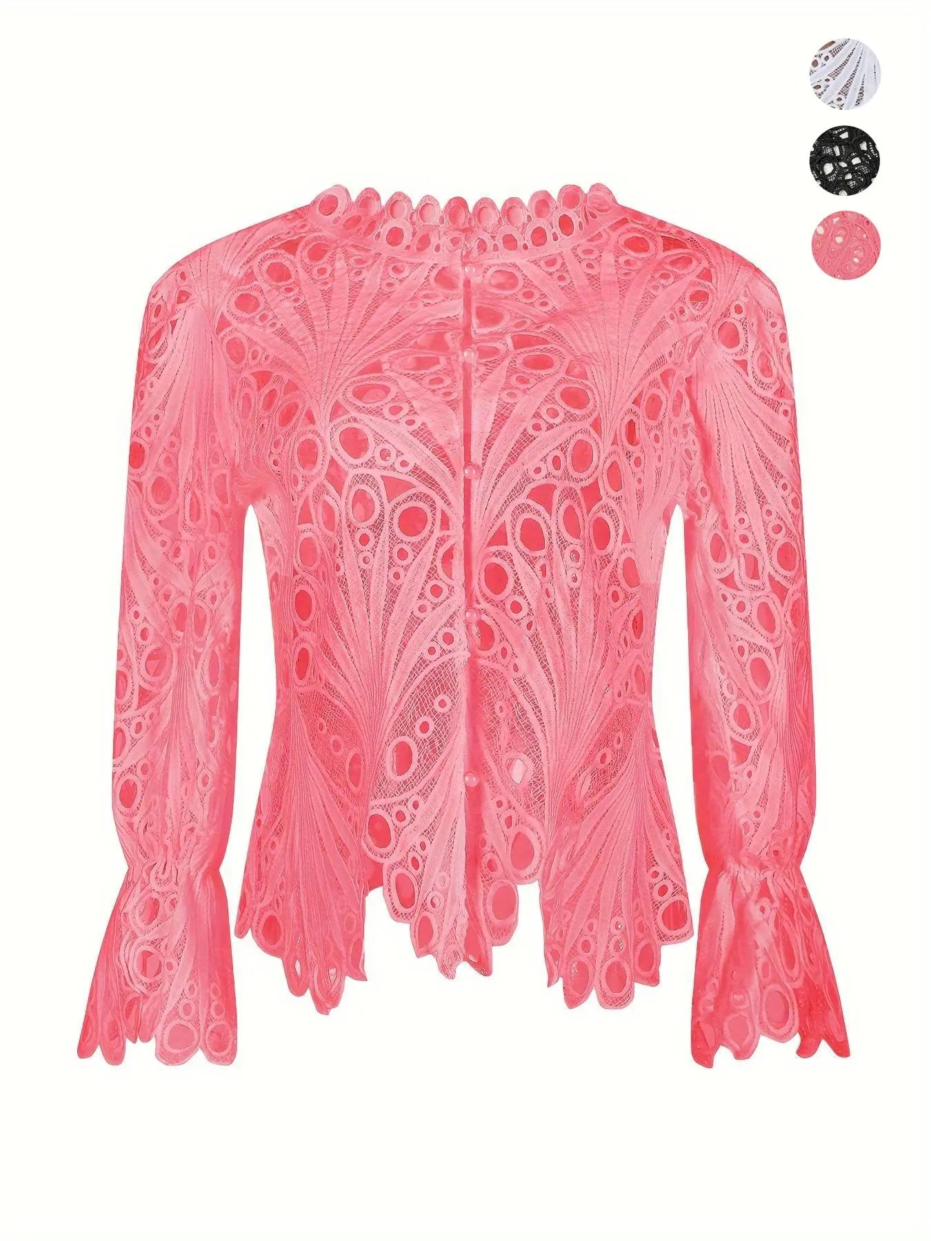 2026 Spring Summer New Women's Blouse, Sexy Asymmetrical Hollow Out Bell Sleeve, Breathable Lightweight Fabric Nightclub Top, Casual Fitted Long Sleeve Shirt, Button Blouse Shirts