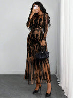 Women's Gothic Sexy Elegant Modern Contrast Stripe Asymmetrical Ruffle Waist Double-Layer Mesh Long Sleeve Dress, Suitable For Dates, Vacations And Daily Commute Spring